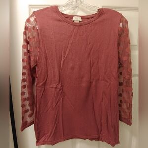 LOFT Light Maroon Sweater with Sheer Polka Dot Sleeves Size M